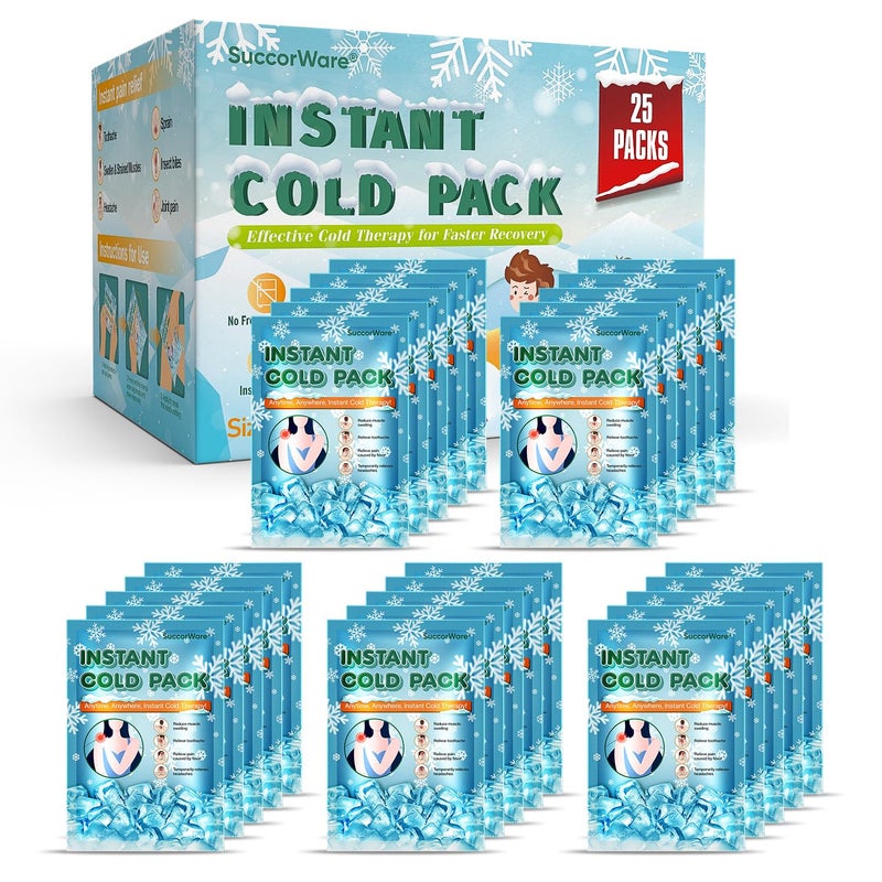 SuccorWare 25 Pack Instant Ice Pack (5.9" x 8.6") - Disposable Cold Compress for Injuries, Cold Pack for Pain Relief